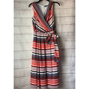 Tommy Hilfiger Striped Sleeveless Dress Wrapped V-Neckline A-Line Tie Size 4